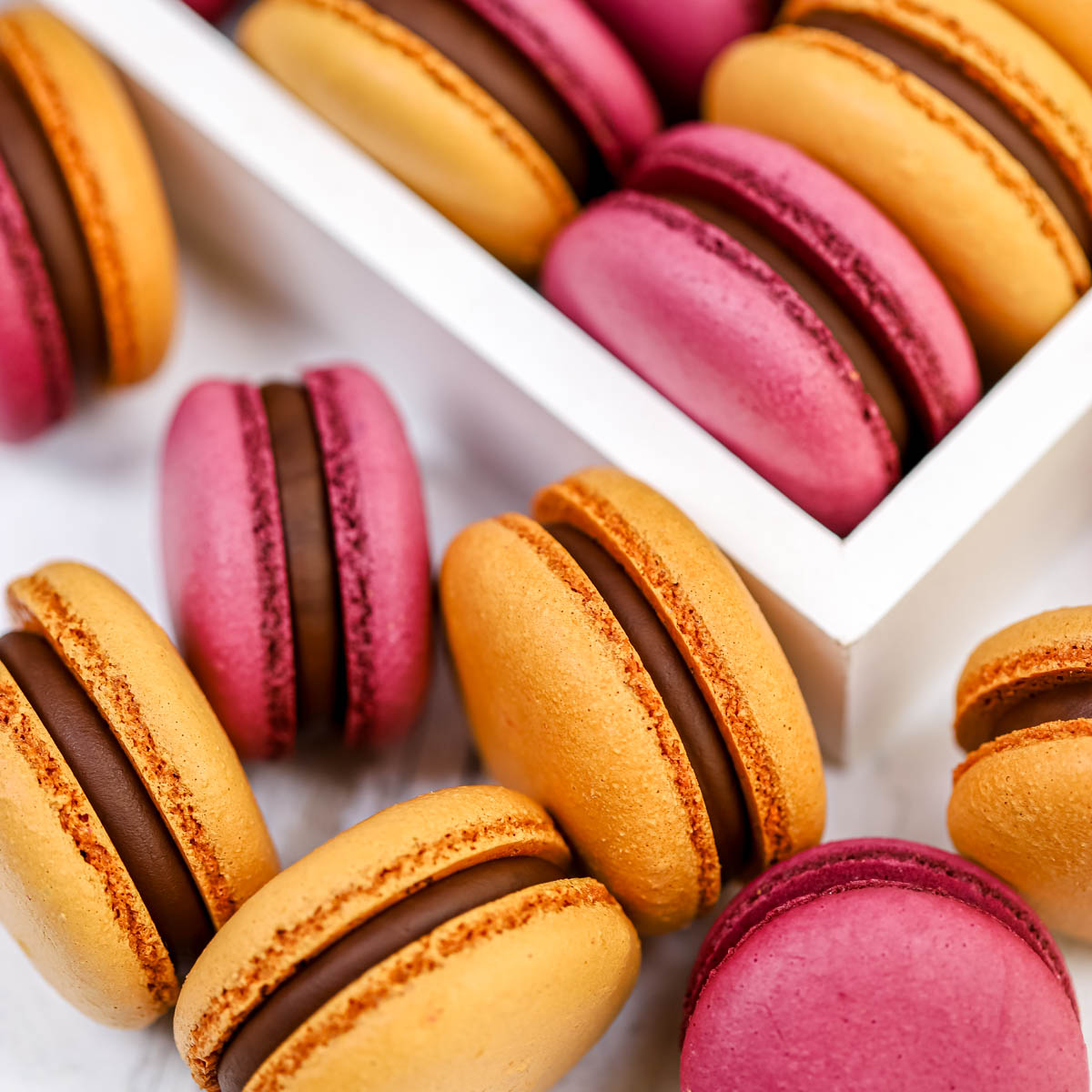 Passion fruit macarons in the box.