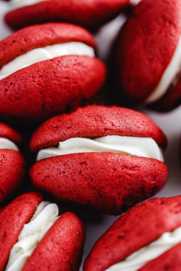 Red Velvet Whoopi Pies with cream cheese filling.