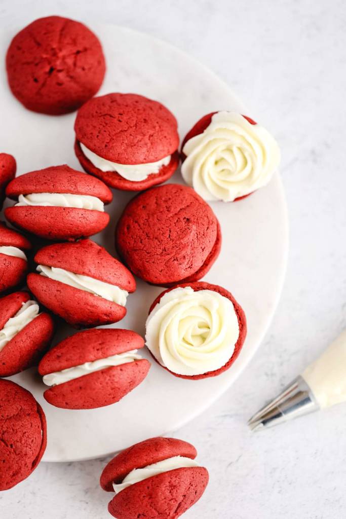 red velvet whoopi pies with cream cheese filling
