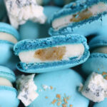Blue Gorgonzola Pear macarons cut in half.