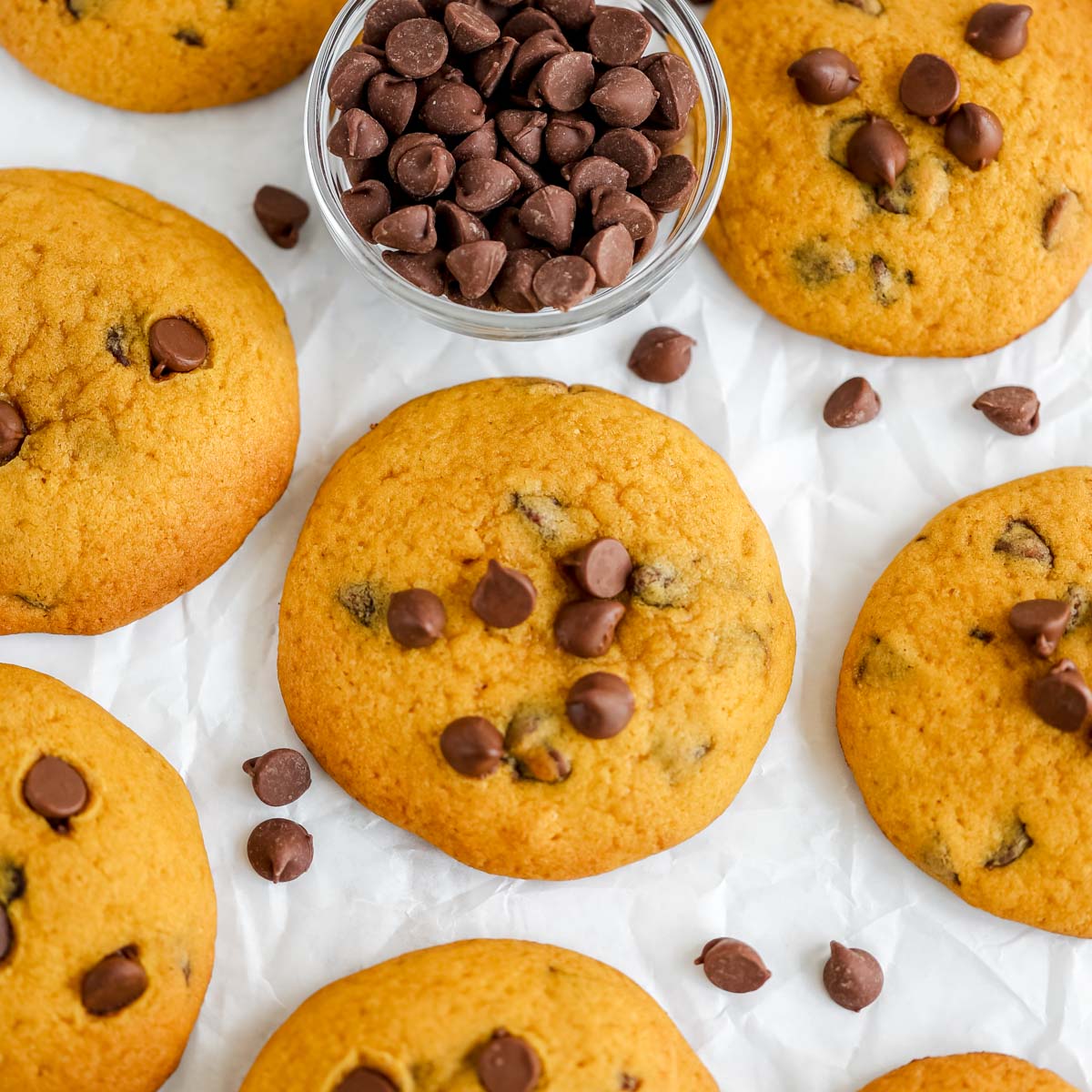Pumpkin chocolate chip cookies are on the table.