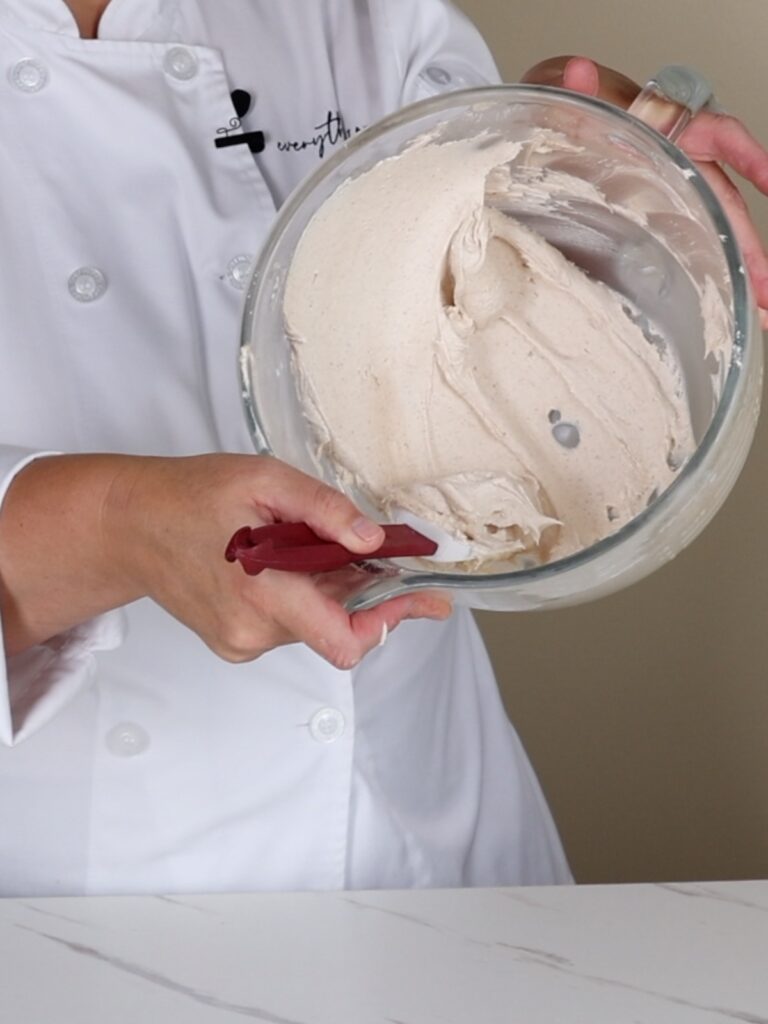 Pumpkin spice buttercream in the mixing bowl.