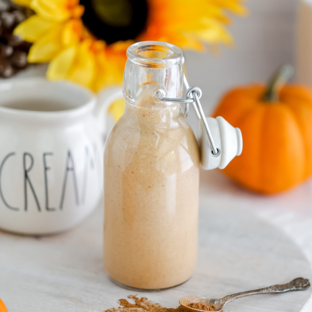 Pumpkin spice creamer in the bottle.