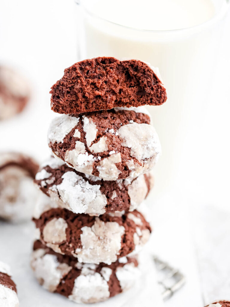 Stock of chocolate crinkle cookies on the wire rack. 