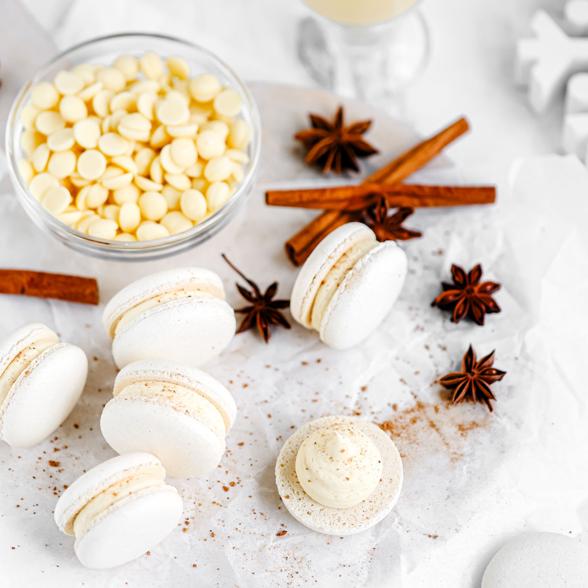 Eggnog macarons on the table.