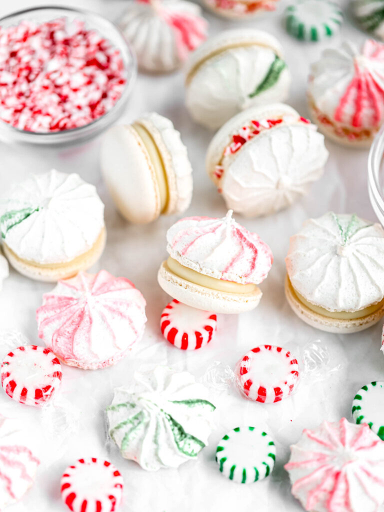 Peppermint macarons on the table. 