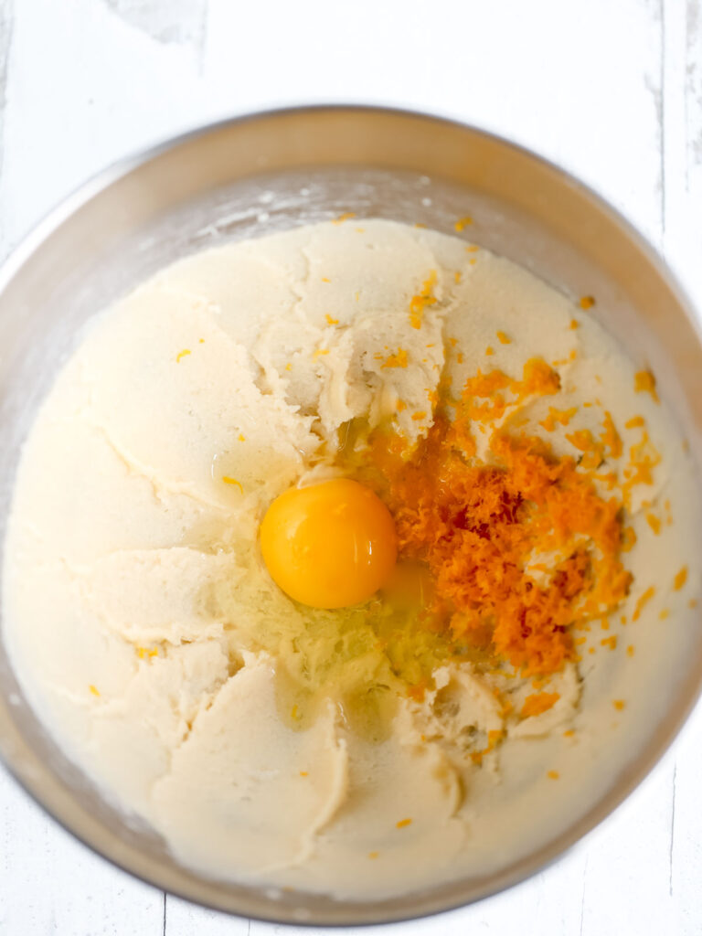 Mixing bowl with ingredients. 