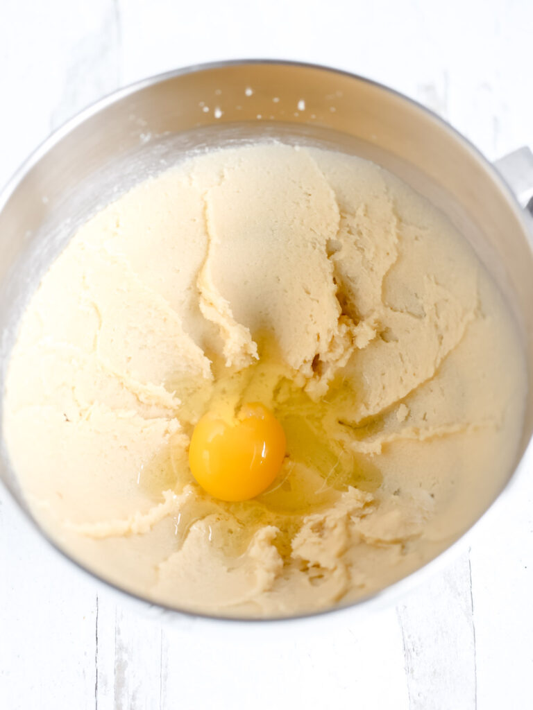 Cookie batter in the mixing bowl.