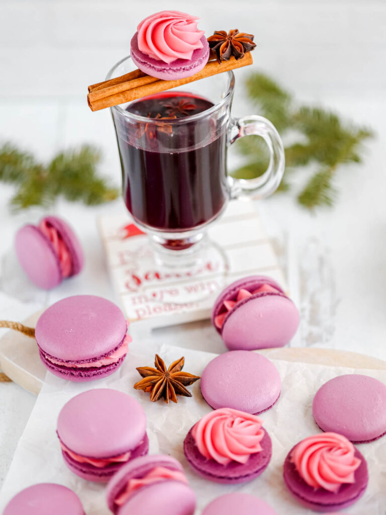 Mulled Wine ganache piped on a Macaron shell.