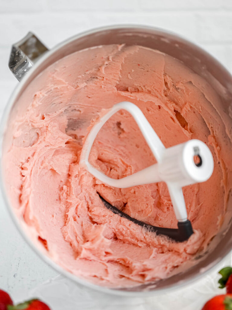 Mixing bowl with Strawberry Buttercream.