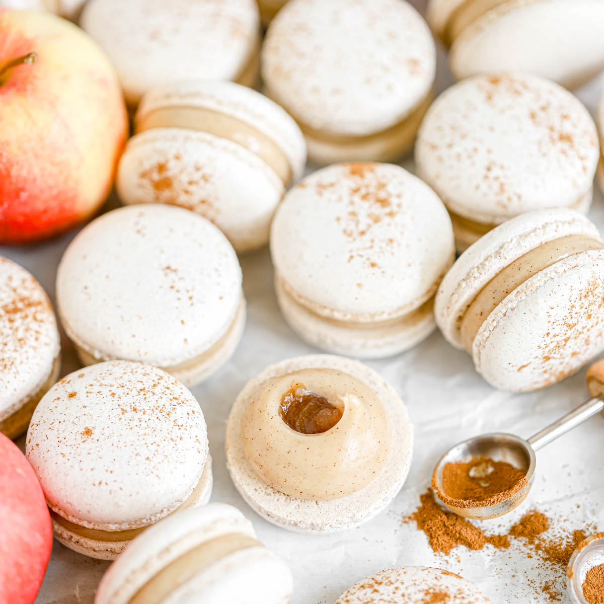 Apple cinnamon macarons on the table.