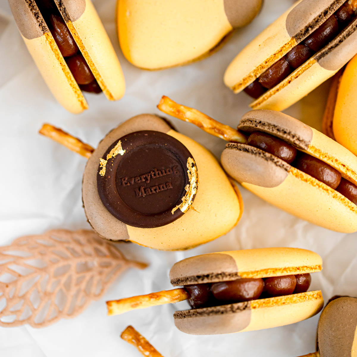 Acorn-shaped macaroons on the table.