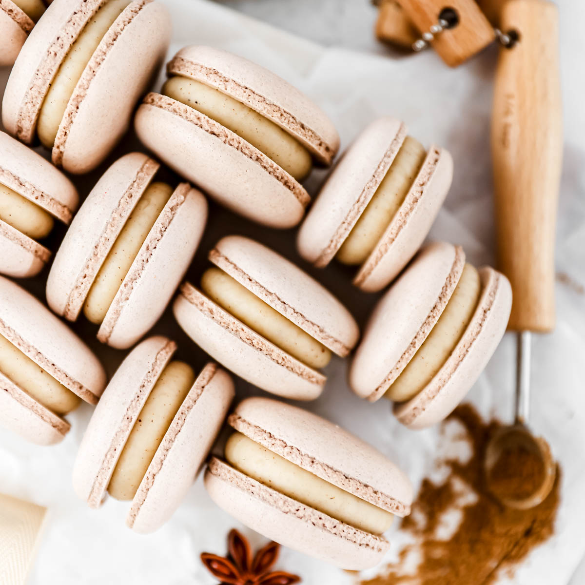 Gingerbread macarons on the table.