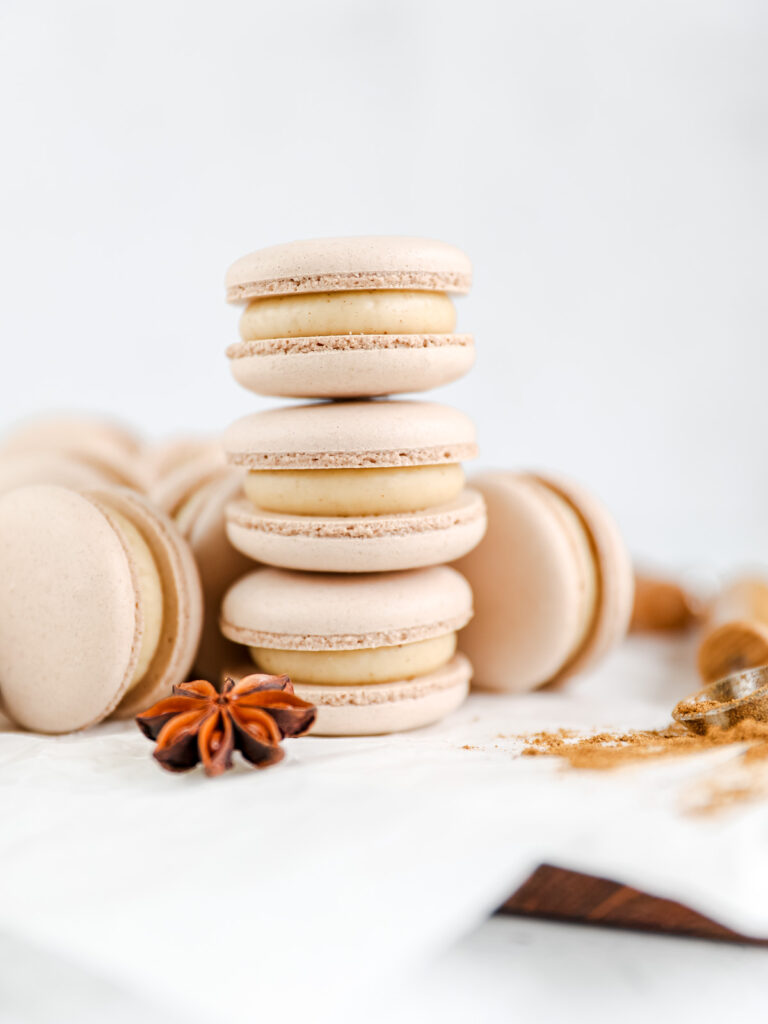 Stock of gingerbread macarons. 