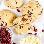 Cranberry white chocolate chunky cookies on the table.