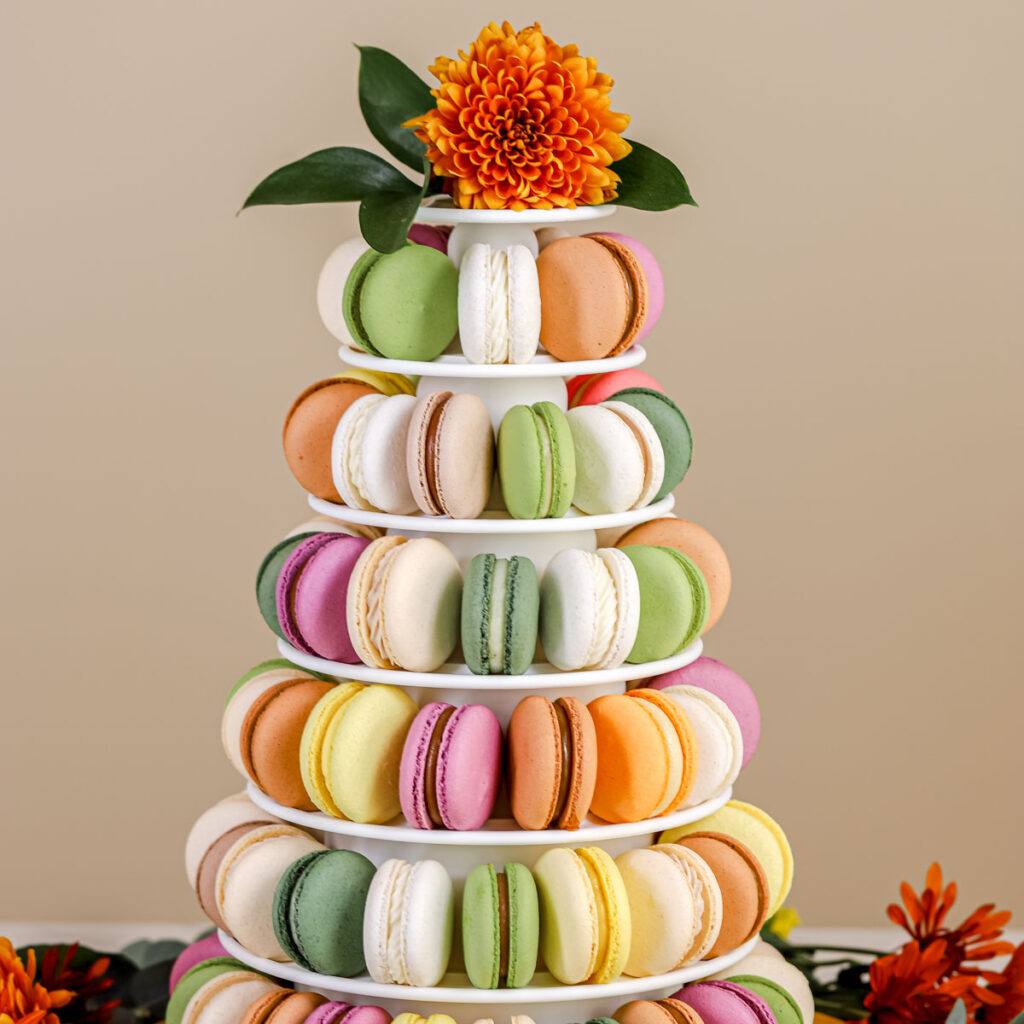 Macaron tower on the table.