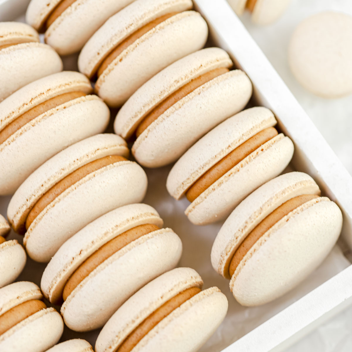 Cinnamon macarons in the white box.