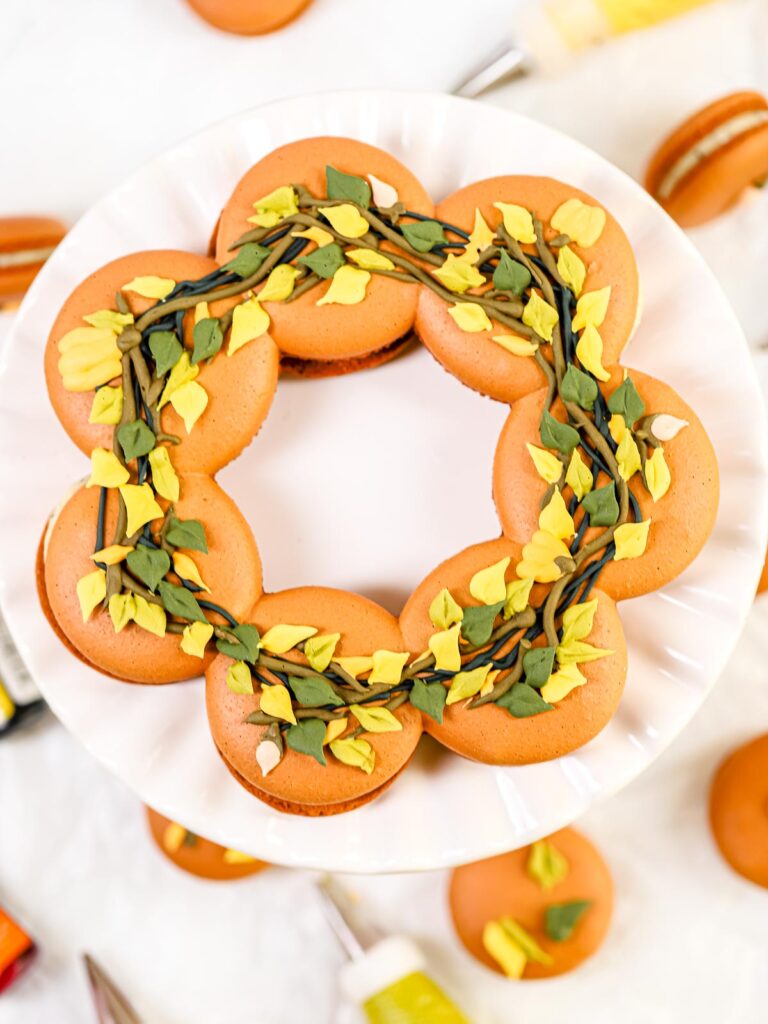 Thanksgiving wreath macaron centerpiece. 
