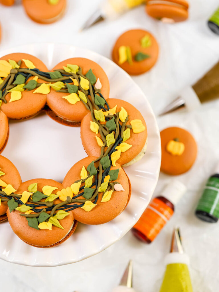 Thanksgiving wreath macaron centerpiece.