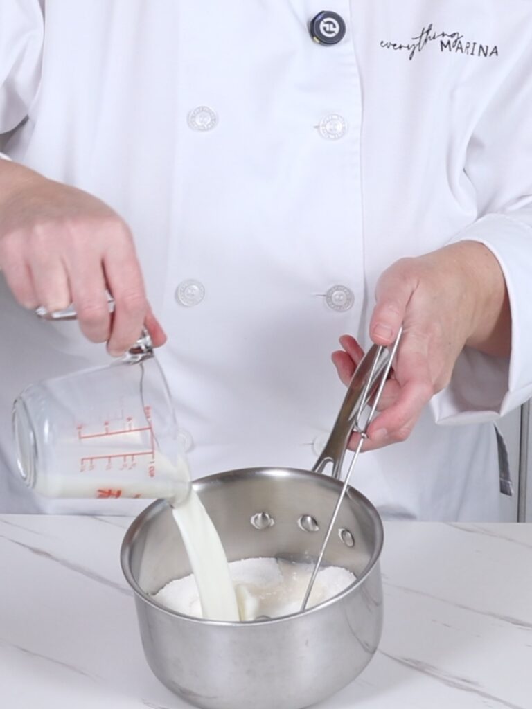 Milk, sugar, and flour in the saucepan.