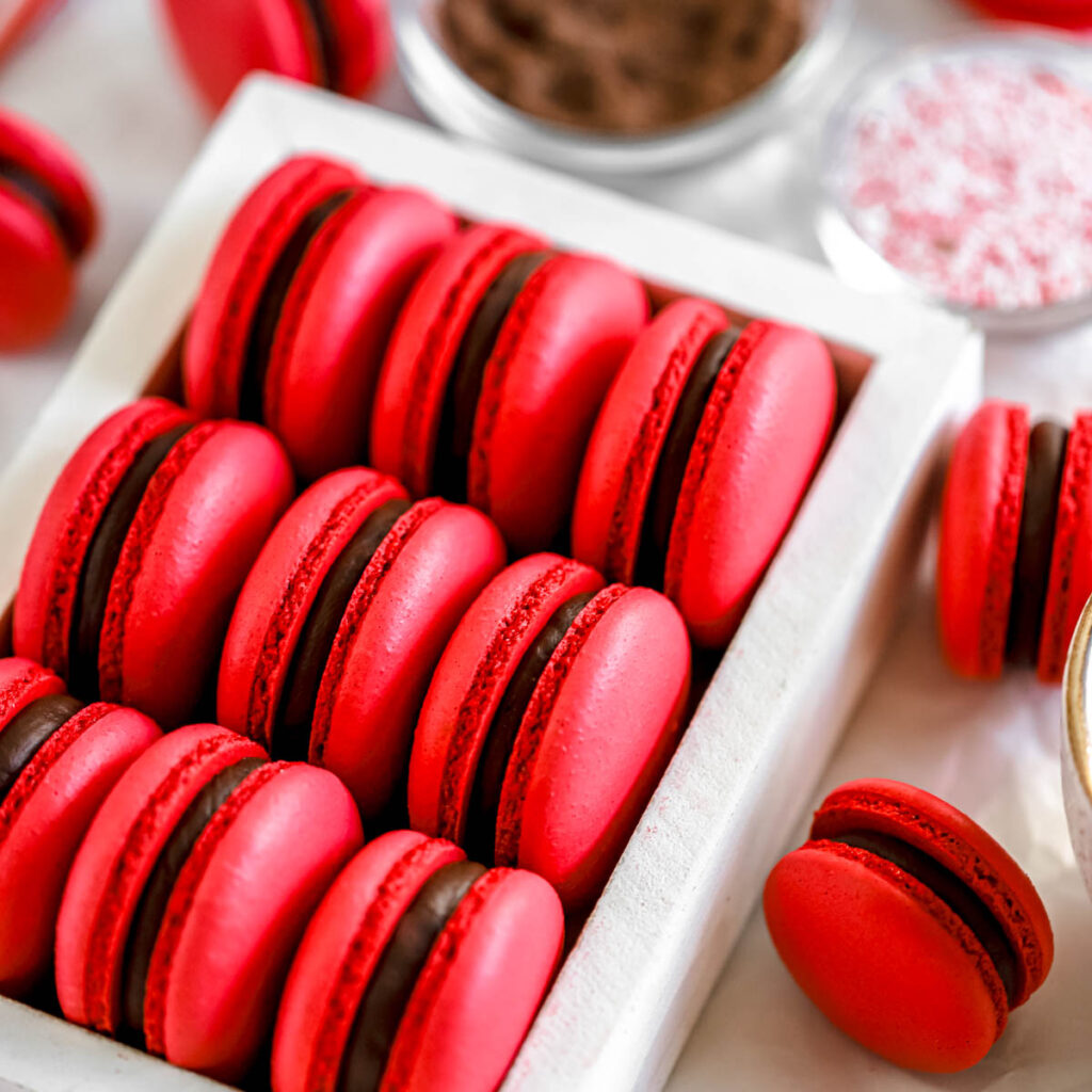 Peppermint mocha macarons in the white box.