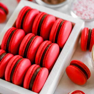 Peppermint mocha macarons in the white box.