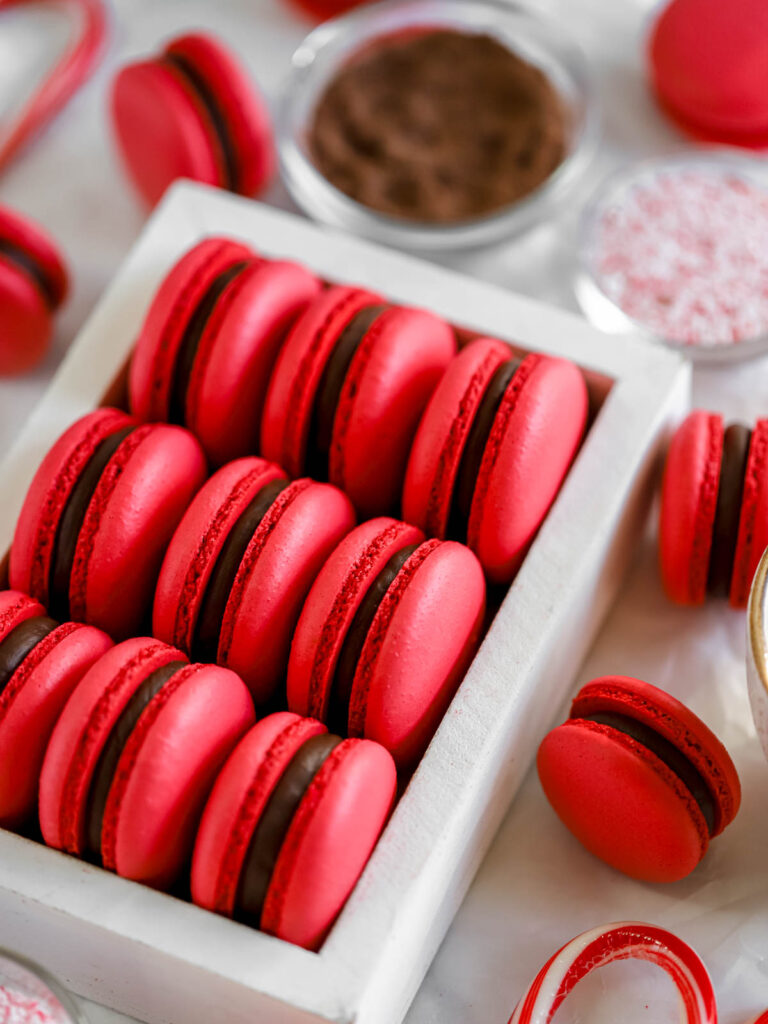 Peppermint mocha macarons in the white box. 