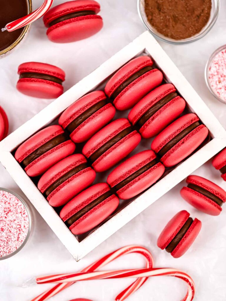 Peppermint macarons in the white box.