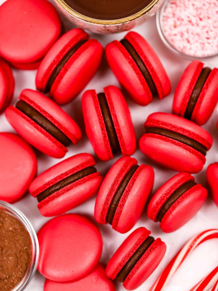 Peppermint mocha macarons in the white box.