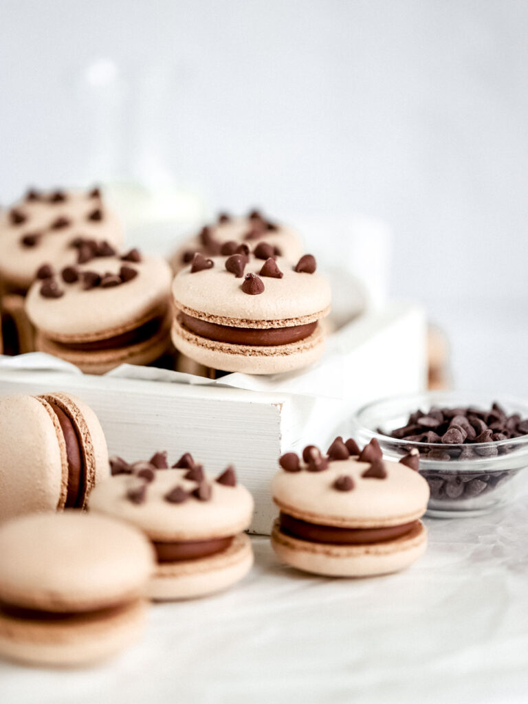 Chocolate Chip Macarons on the table. 