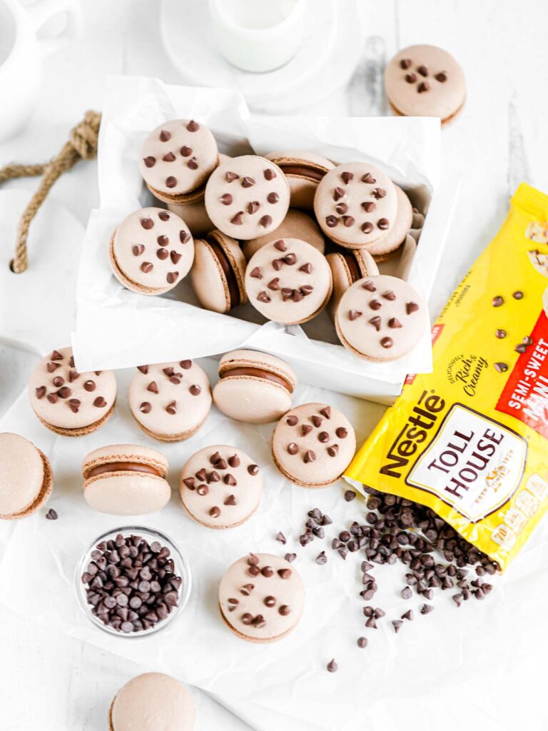 Chocolate chip macarons in the box.