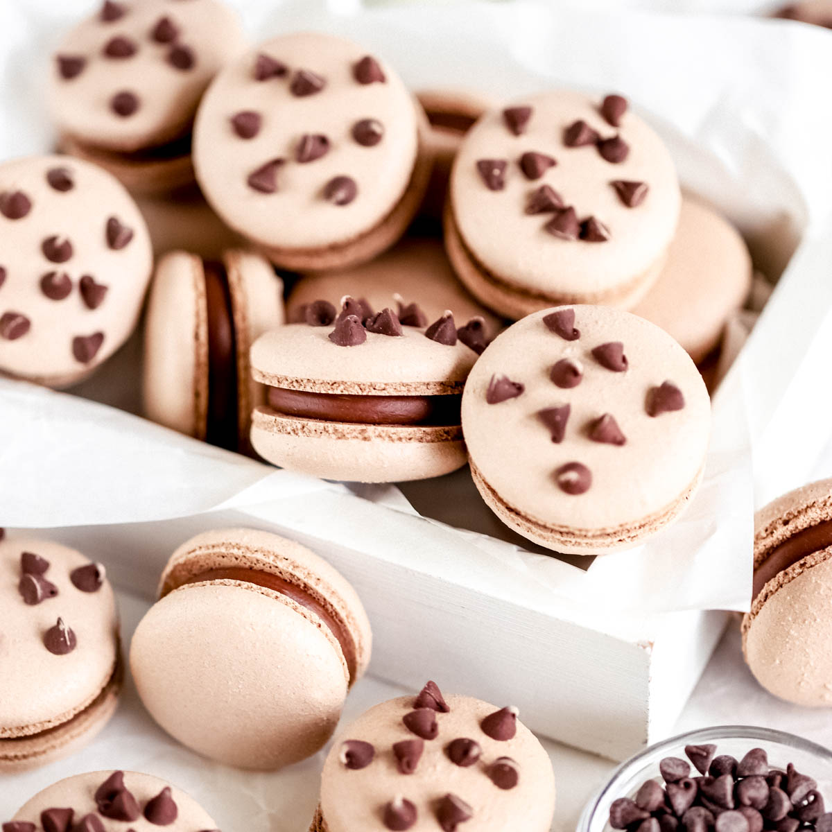 Chocolate chip macarons in the box.