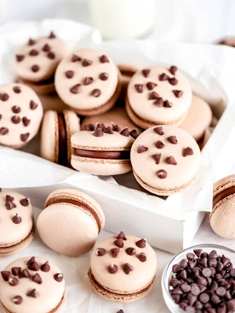 Chocolate chip macarons in the box.
