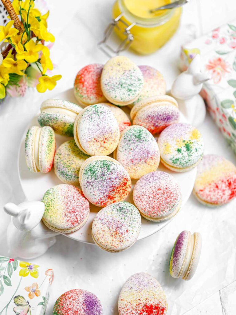 Easter Macarons on the table. 