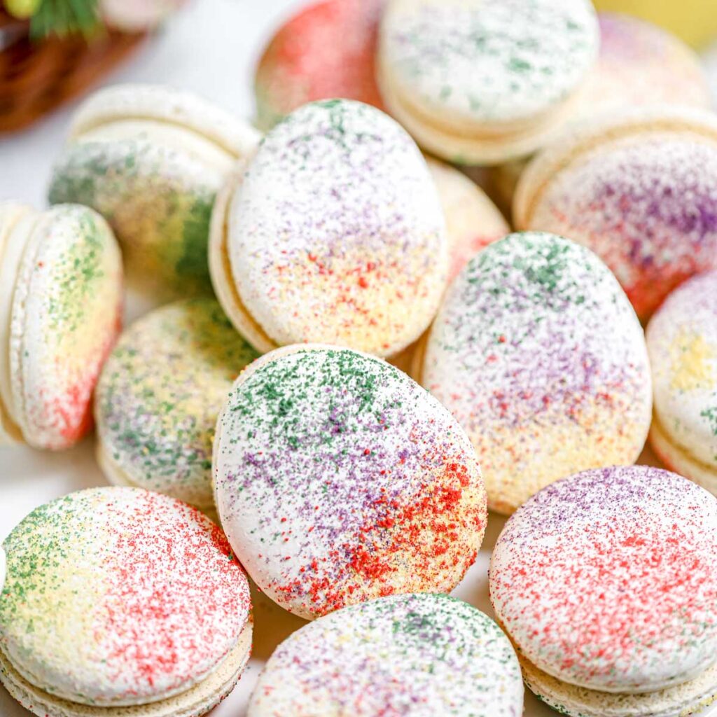 Easter Macarons on the table.