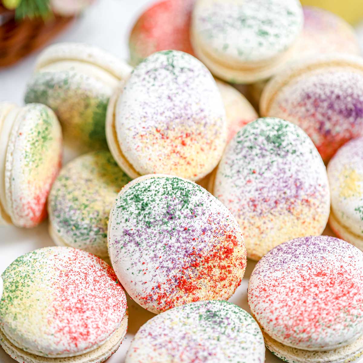 Easter Macarons on the table.