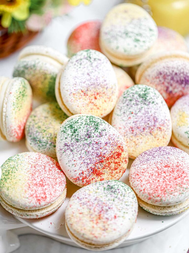Easter Macarons on the table. 