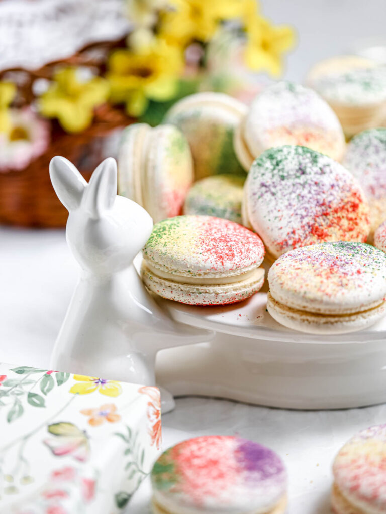 Easter Macarons on the table.