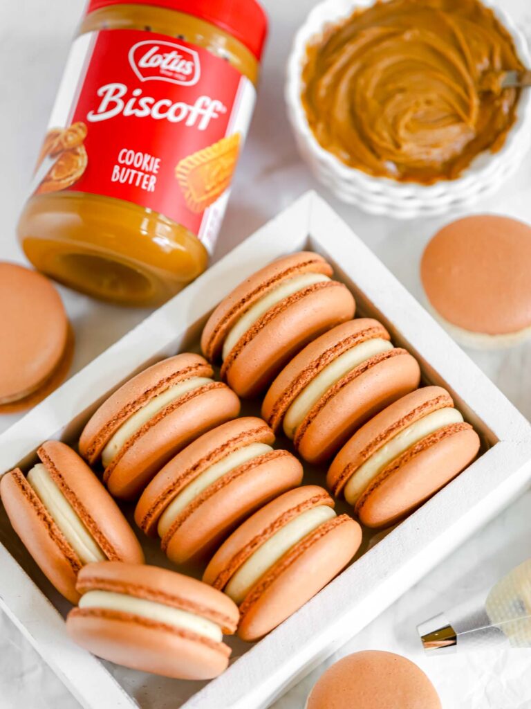 Biscoff Cookie Butter macarons in the box. 