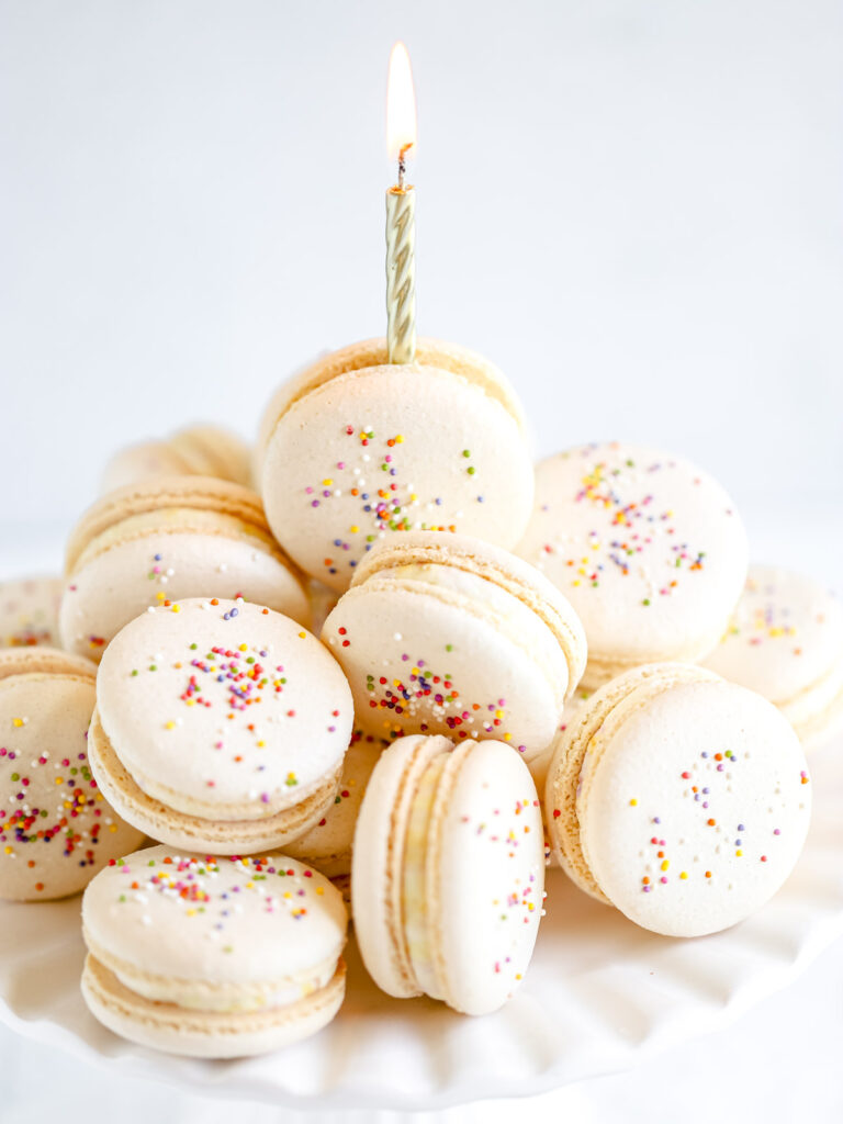 Birthday cake macarons with the candle. 