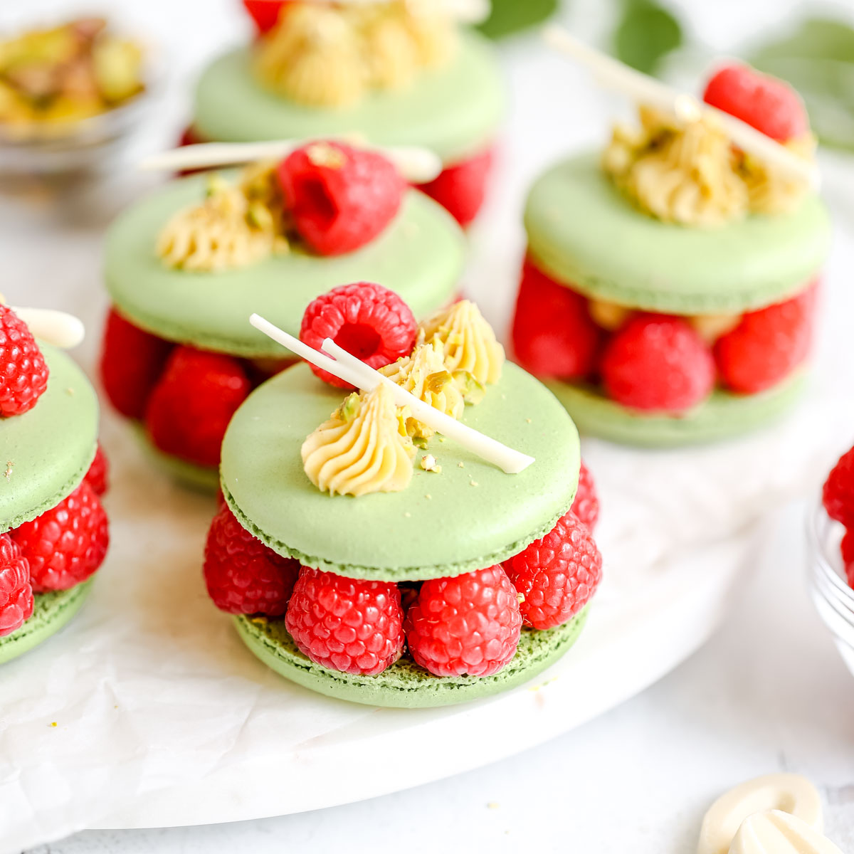 Pistachio Ispahan Macarons.