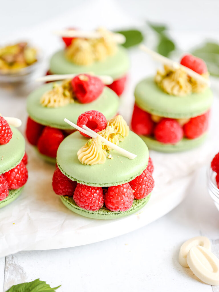 Pistachio Ispahan Macarons.