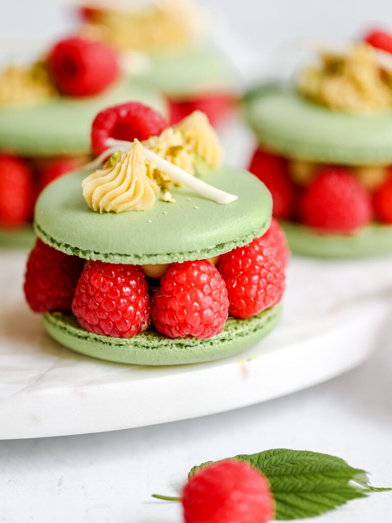 Pistachio Ispahan Macaron.