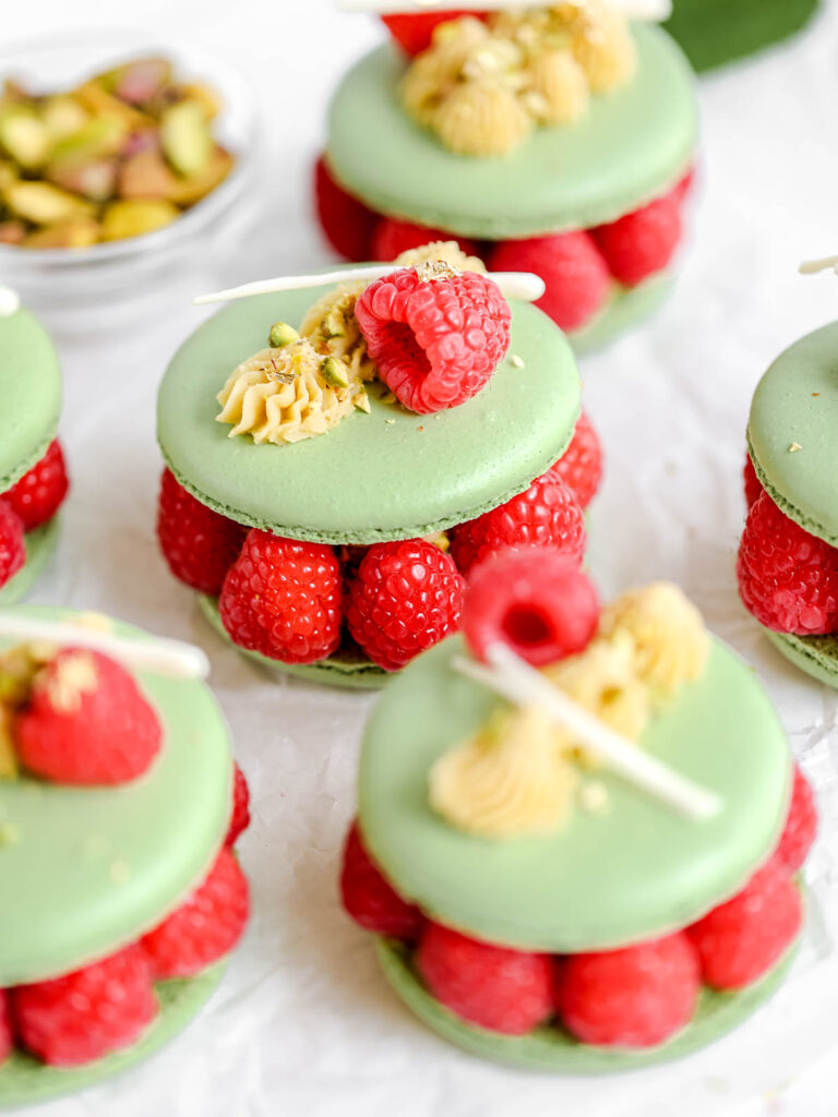 Pistachio Ispahan Macaron.