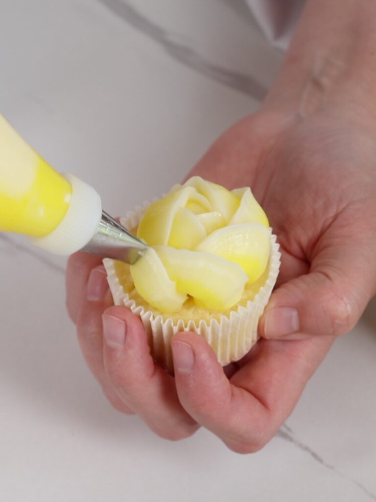 Piping rose on the cupcake.