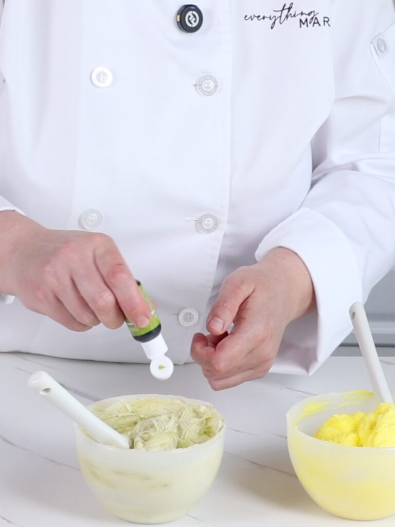 Color buttercream with food coloring. 