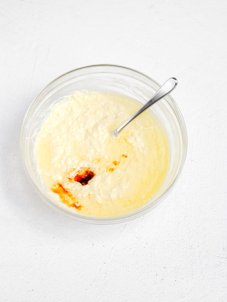 Waffle batter in the mixing bowl. 