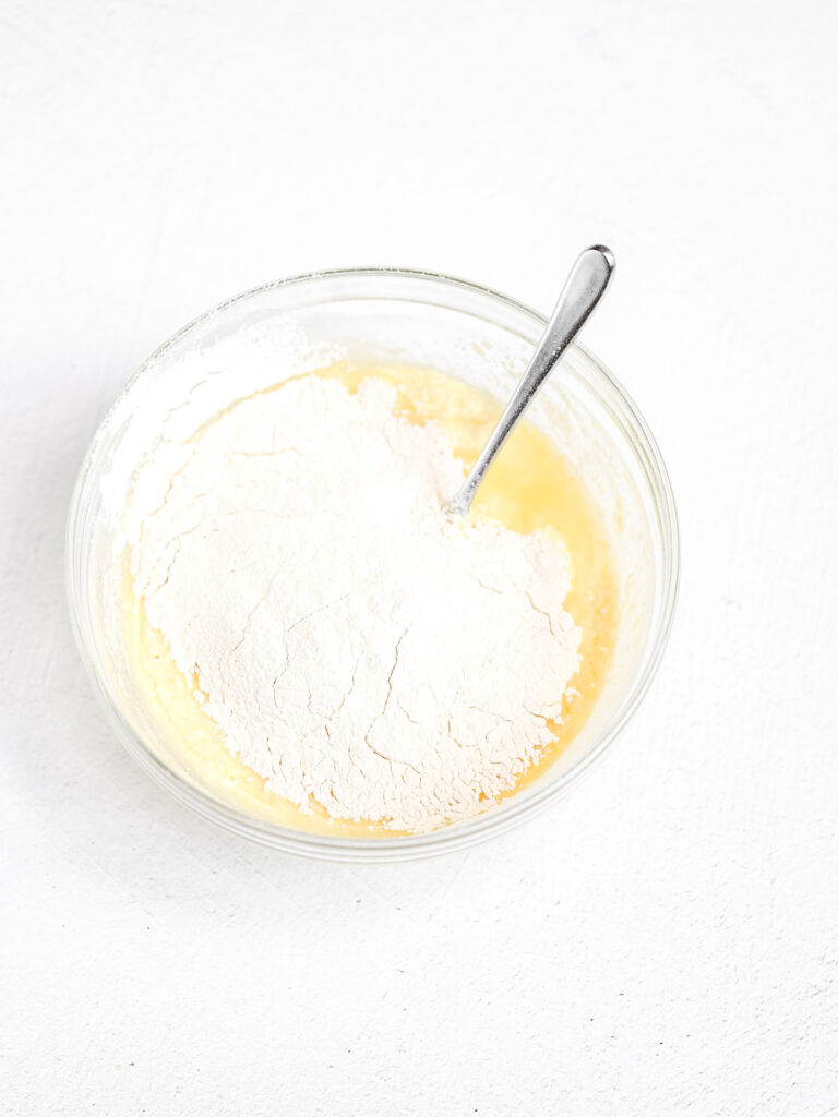 Waffle batter in the mixing bowl. 