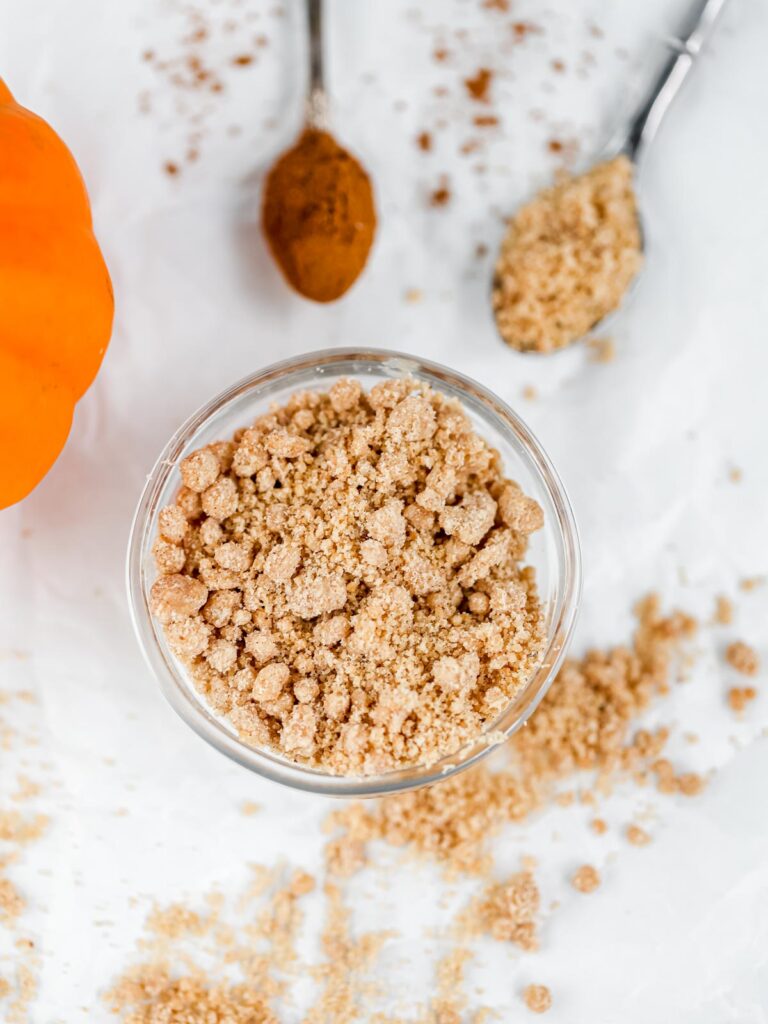 Pumpkin spice crumbs in the bowl. 