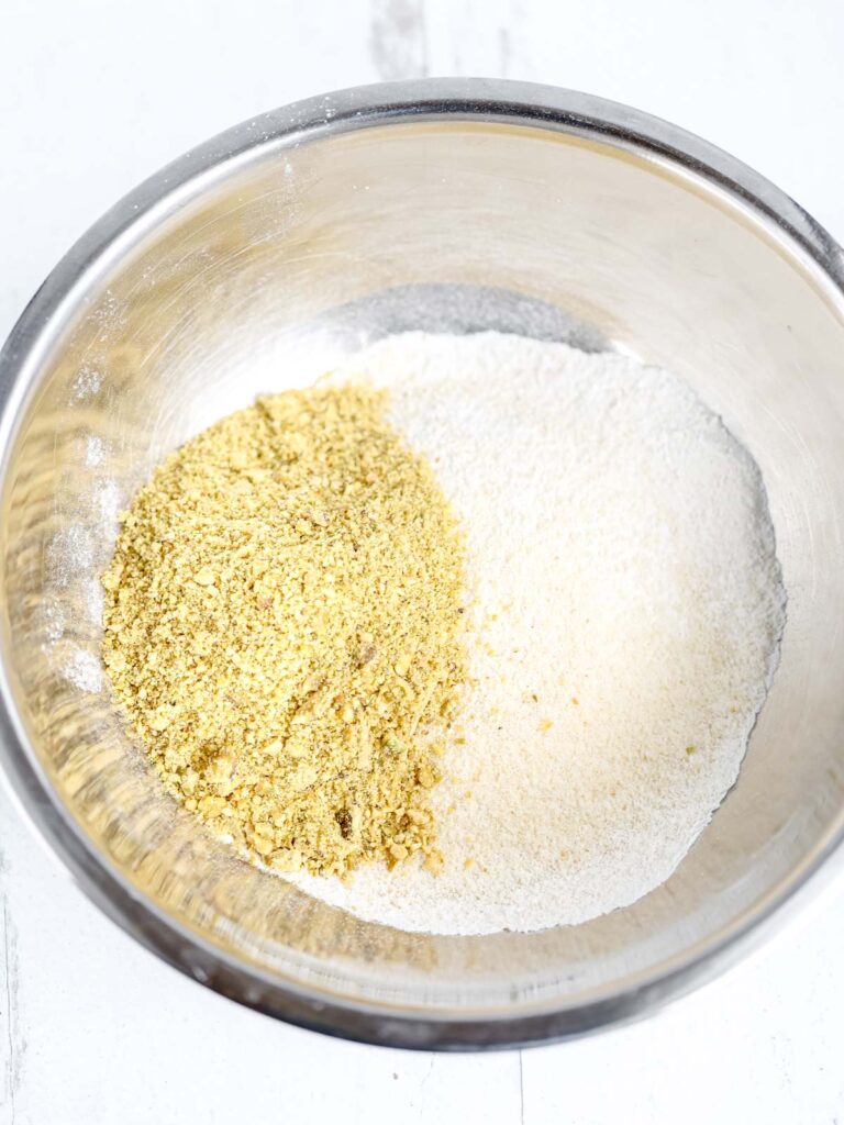 Dry ingredients in the mixing bowl. 